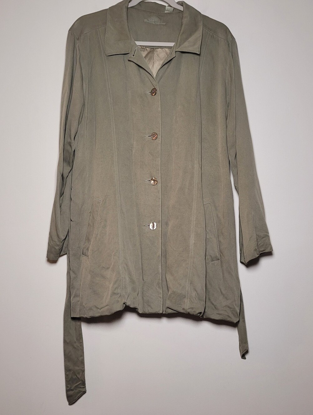 Tommy Bahama Women's Mid Length Trench Coat M Green Pearl Button Preppy Silk